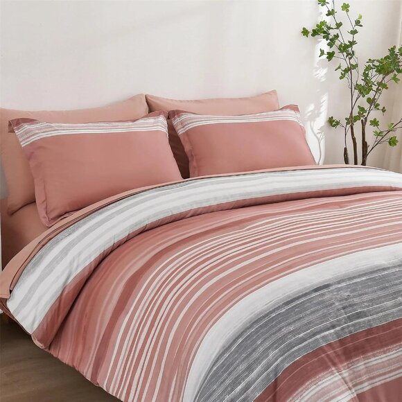 7pc Bed in a Bag Stripe Comforter/Sheet Set FULL White/Gray/Blush Pink Striped - Picture 3 of 7